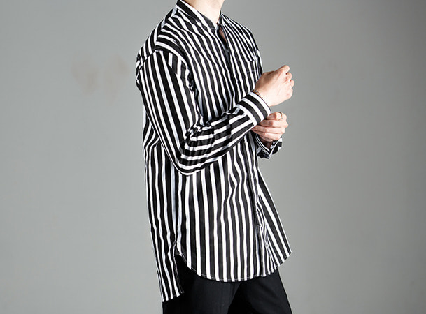 Bold stripe semi over china collar shirt- 2 color