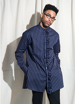 [Japan fabric]Ruffle-trimmed striped cotton shirt - 2 color