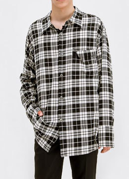 [Japan fabric] Black check pocket overfit shirt